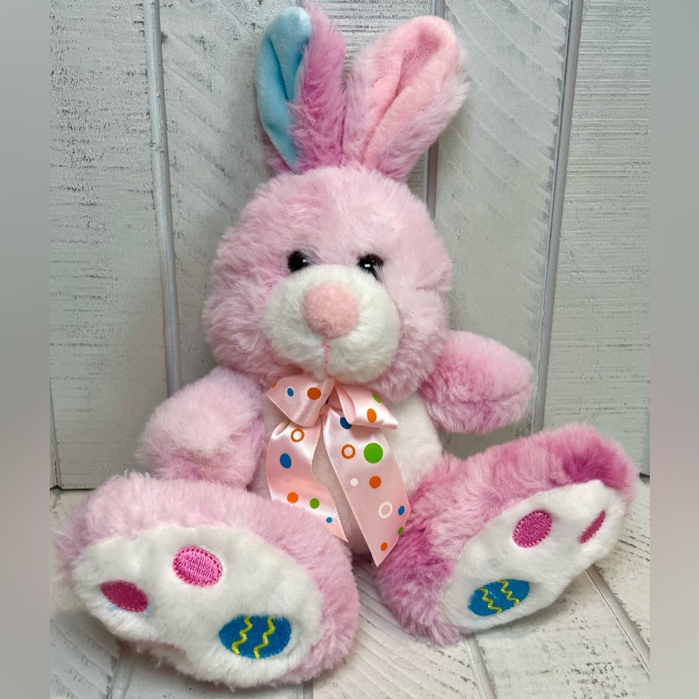 Homerbest Pink Plush Easter Bunny Stuffed Animal Toy 11” Polka Dot Ribbon